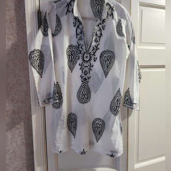 Barbara Gerwit beaded WHITE/BLACK  coverup/tunic/mini dress M - Picture 2 of 7